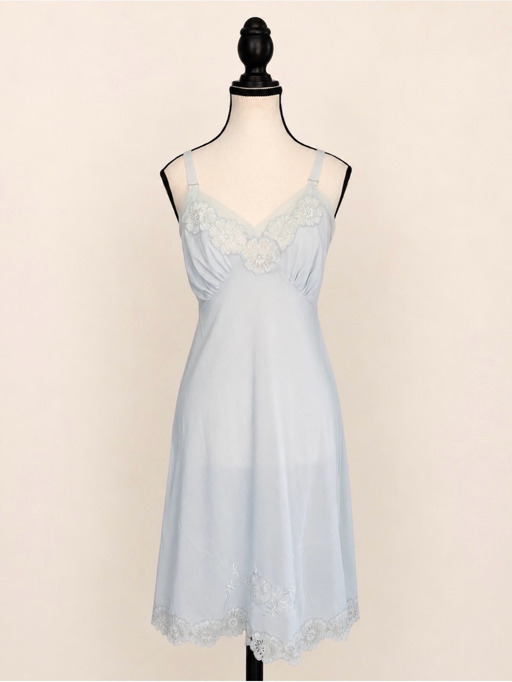 Vintage Powder Blue Lace Trim Slip Dress Nightgown Small 1960s 1970s